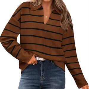 Women's Casual Striped Long Sleeve Polo V Neck Lightweight Sweater Small NWOT